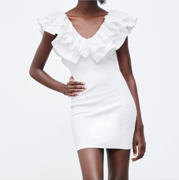 Zara White Eyelet Lace Ruffle Ribbed Mini Dress New Bodycon Size Medium Coquette - Picture 3 of 15